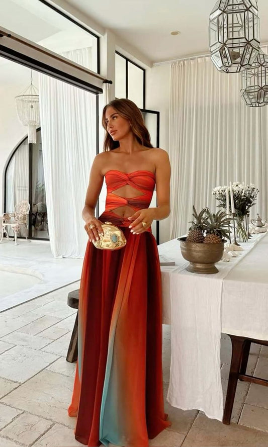Women Tie Dye Maxi Dress Strapless Gradient Hollow Out Long Dress Summer Prom Dress N2349