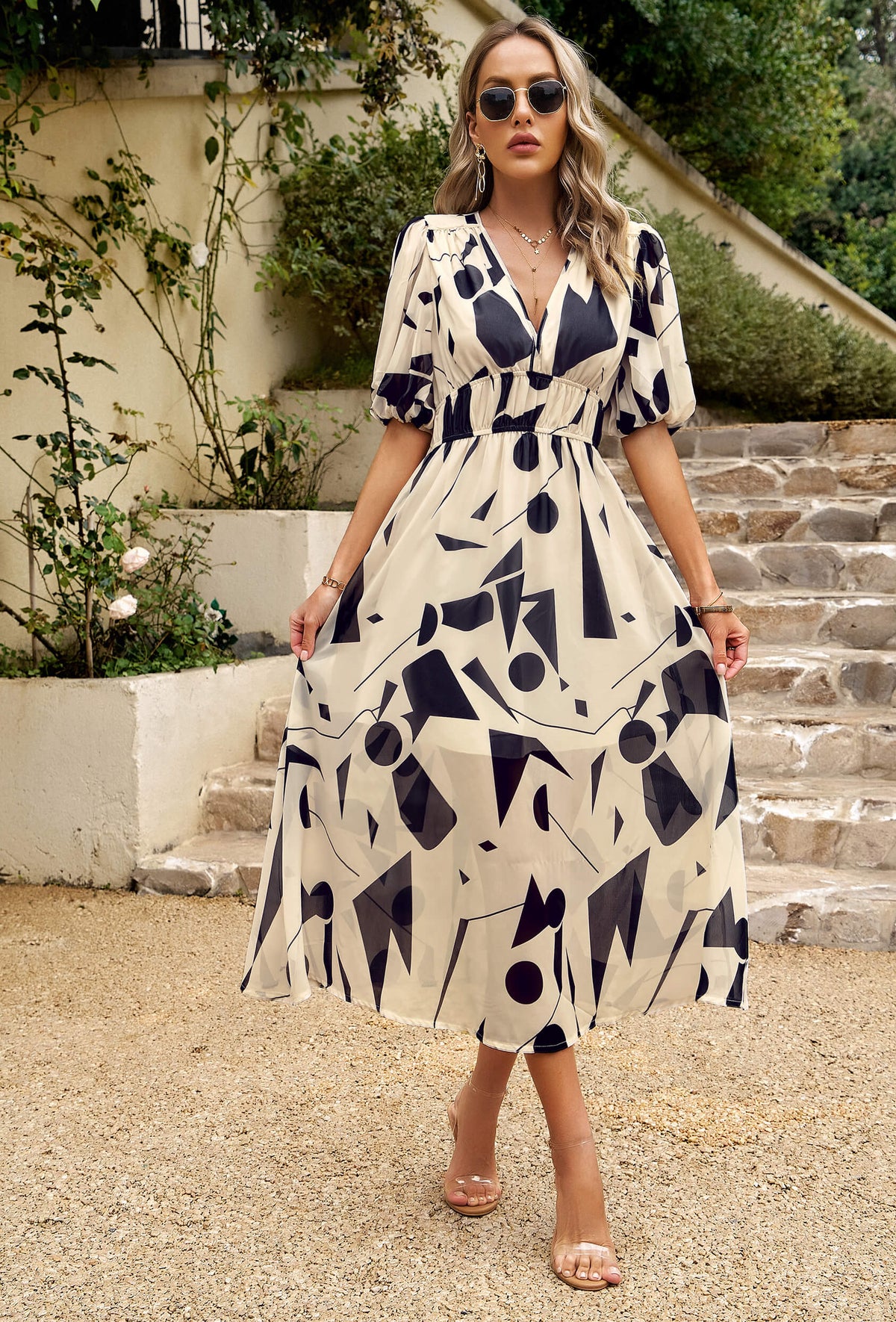 HIDDEN PASSAGE PRINTED MIDI DRESS - BEIGE