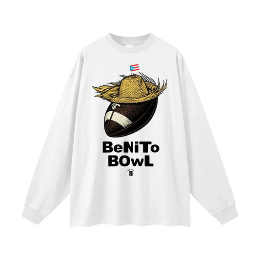 White long-sleeve tee with football, straw hat, and Puerto Rican flag, 'BeNiTo BOWL' text