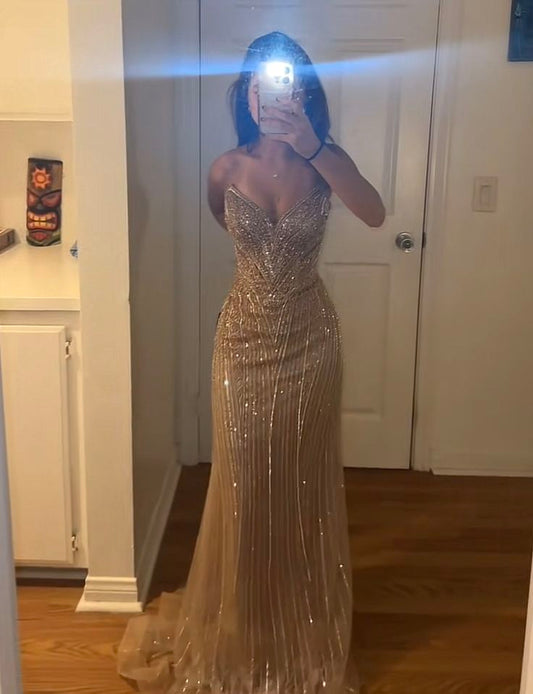 Sparkly Mermaid Sweetheart Champagne Sequin With Crystals For High Schools Teens Prom Dresses Long Graduation Dress N1664