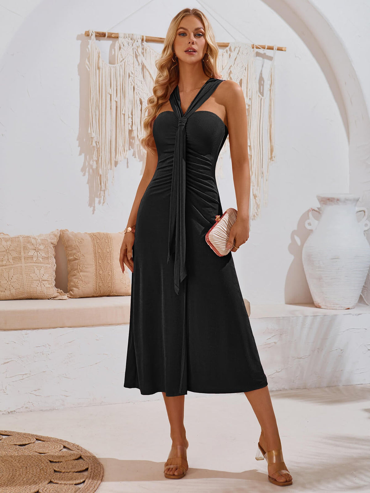 Rylee Solid Halter Neck Maxi Dress - Black