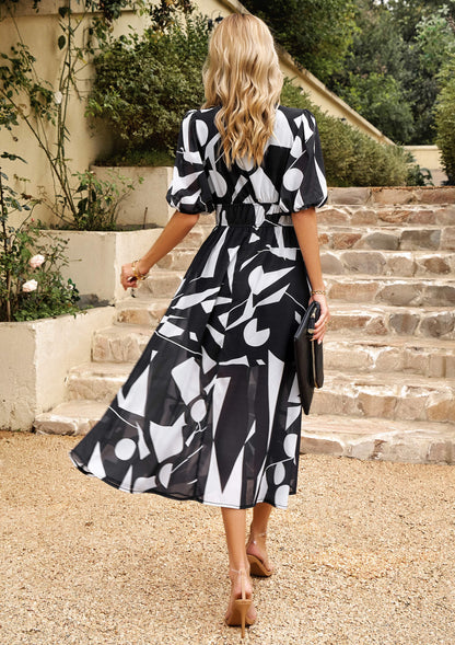 HIDDEN PASSAGE PRINTED MIDI DRESS - BLACK