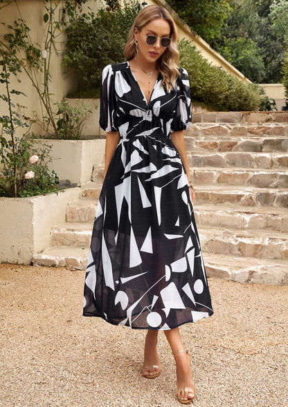 HIDDEN PASSAGE PRINTED MIDI DRESS - BLACK