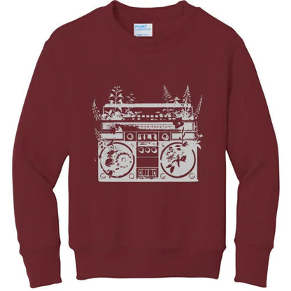 Maroon hoodie with white boombox graphic, floral details, NYC streetwear style