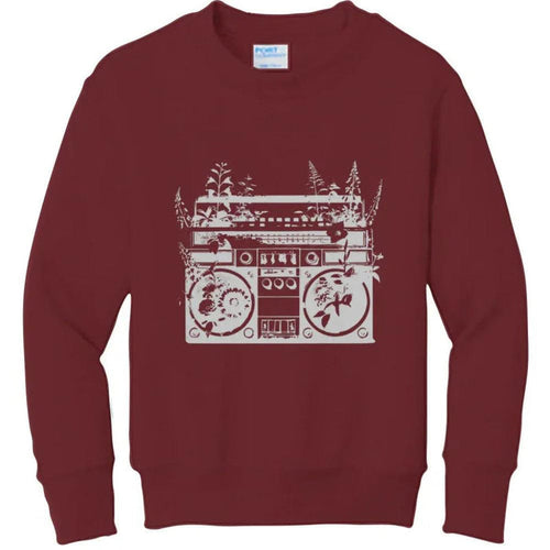 Maroon hoodie with white boombox graphic, floral details, NYC streetwear style