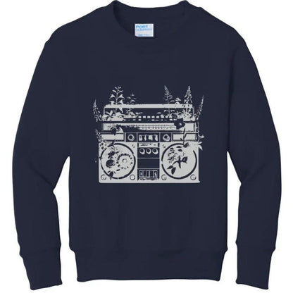 Navy hoodie with white boombox graphic covered in plants, NYC streetwear style