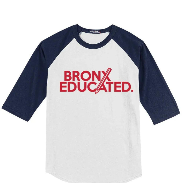 Bronx Educated raglan tee with bold red text and navy sleeves, NYC streetwear style