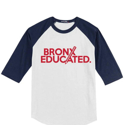 Bronx Educated raglan tee with bold red text and navy sleeves, NYC streetwear style