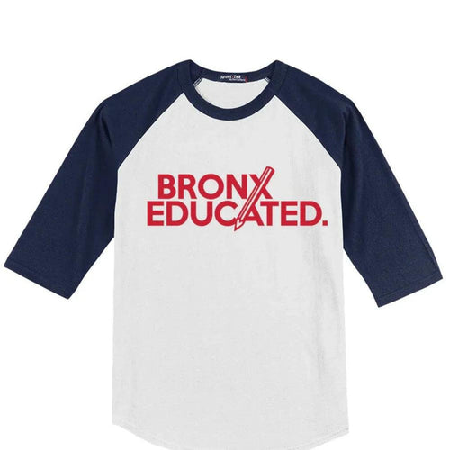 Bronx Educated raglan tee with bold red text and navy sleeves, NYC streetwear style