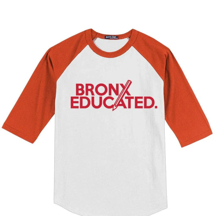 White and orange raglan tee with 'BRONX EDUCATED.' graphic, bold streetwear style inspired by NYC culture