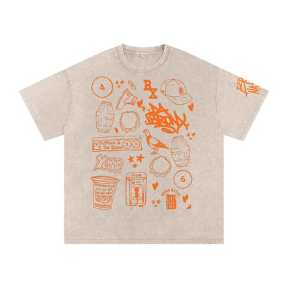 Beige T-shirt with orange Bronx-inspired graffiti designs including pigeon, baseball cap, phone booth, and Uptown subway sign