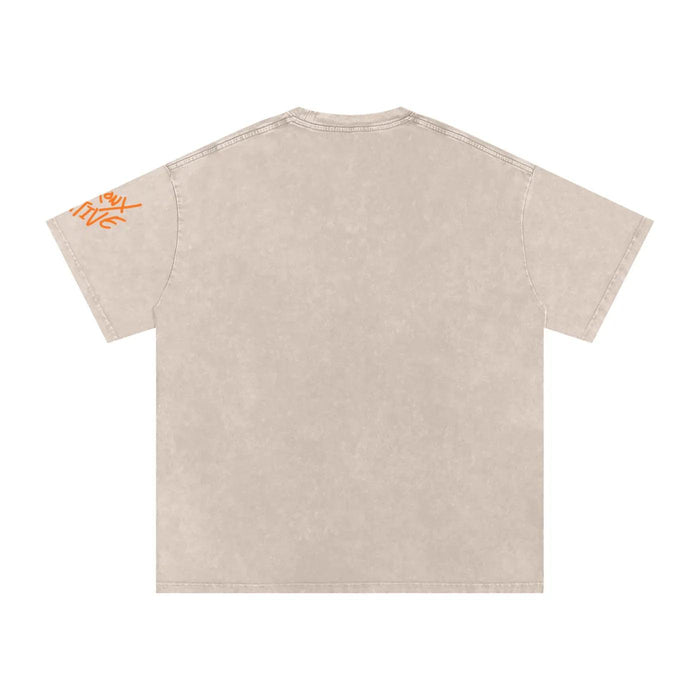 Beige short-sleeve t-shirt with orange text graphic on left sleeve, back view
