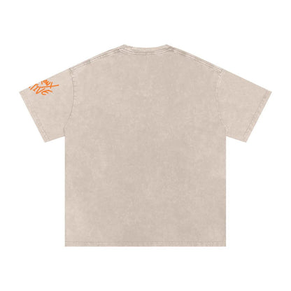 Beige short-sleeve t-shirt with orange text graphic on left sleeve, back view