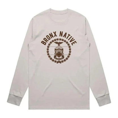 Light gray long-sleeve shirt with 'Bronx Native' graphic on a white background