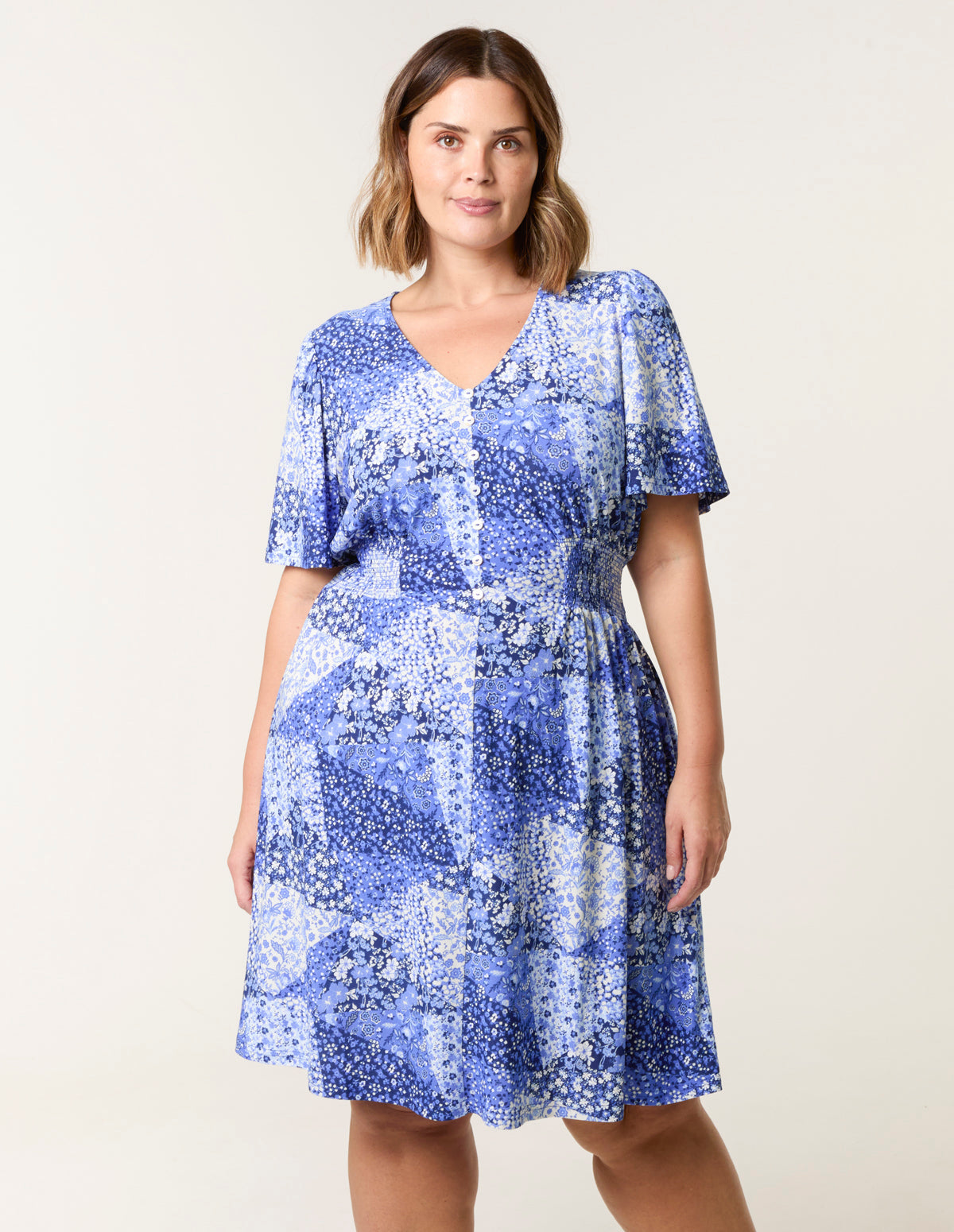 Curve Shirred Waist Button Mini Dress