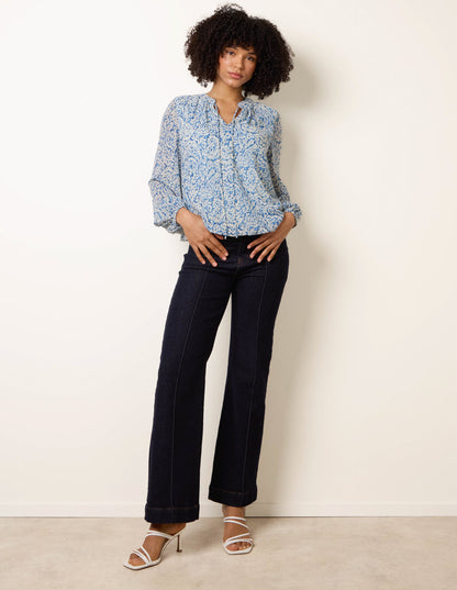 Grandad Tie Neck Puff Hem Watercolour Blouse