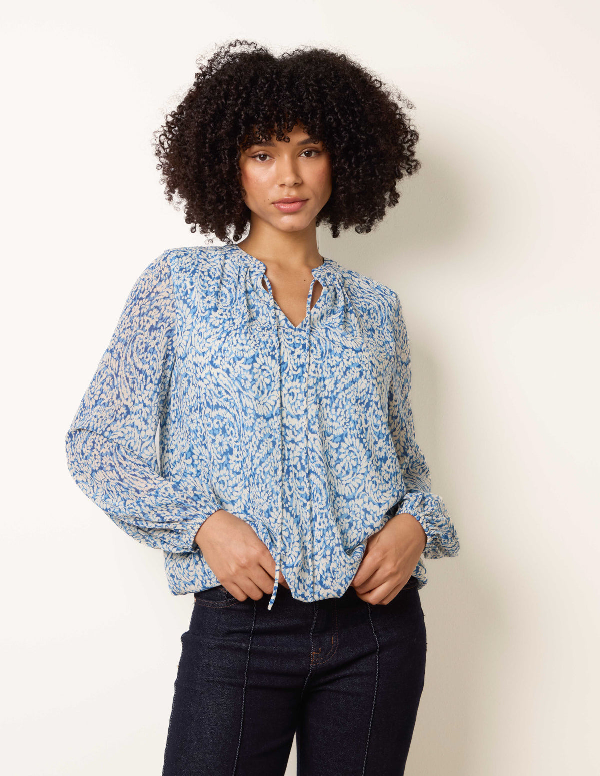 Grandad Tie Neck Puff Hem Watercolour Blouse