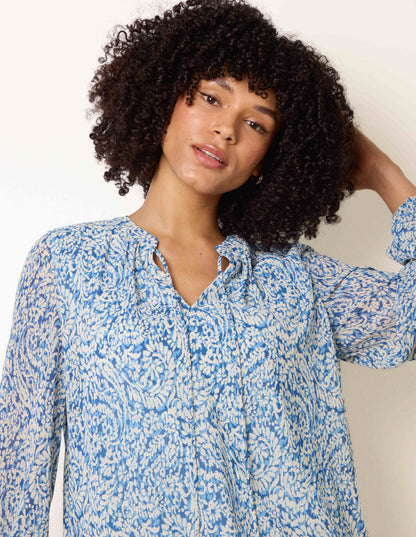 Grandad Tie Neck Puff Hem Watercolour Blouse