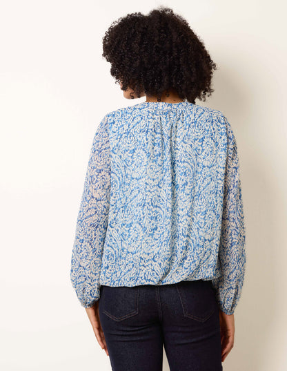Grandad Tie Neck Puff Hem Watercolour Blouse