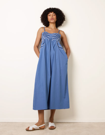 Palm Tree Embroidery Smock Dress