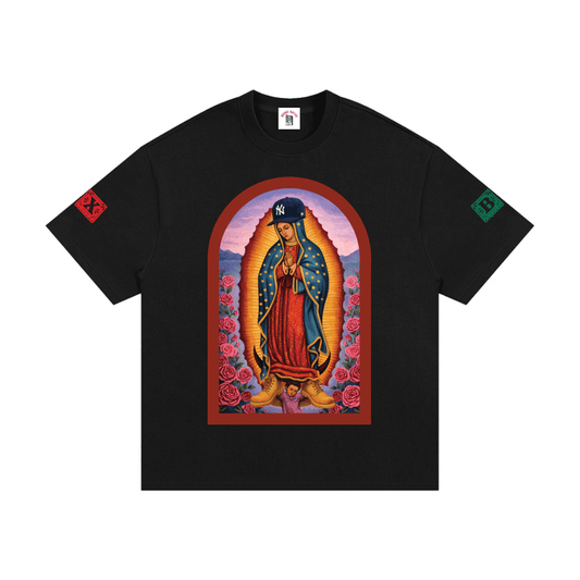 Black t-shirt with a colorful graphic of a religious figure and roses on a white background