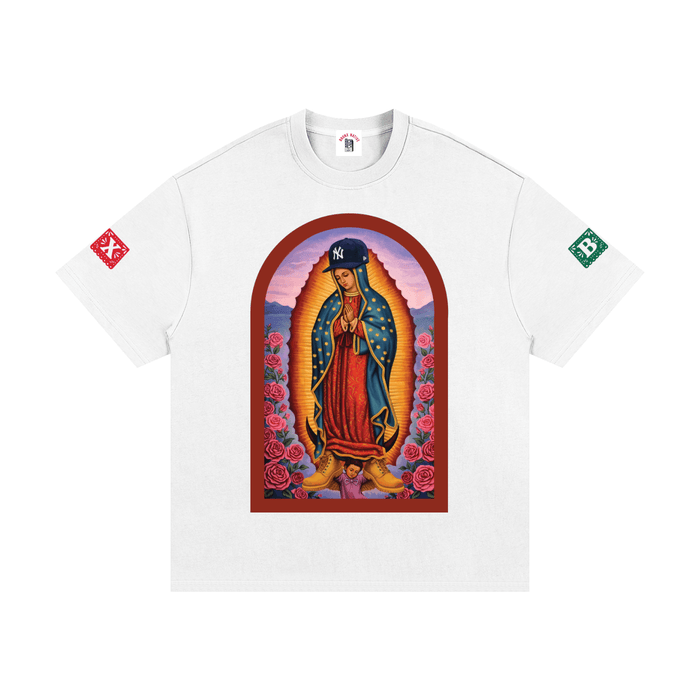 White tee with Virgin of Guadalupe in NY cap, roses, and bold streetwear design