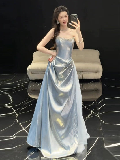Glittery A Line Strapless Light Blue Sleeveless Prom Dresses Inspiration Long Night Outfits Birthday Outfits AB2215