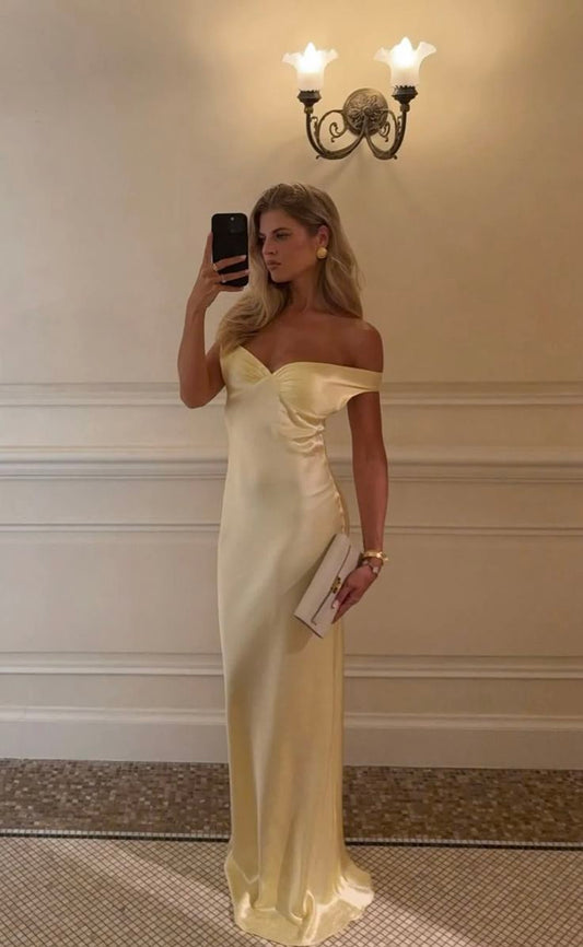 Charming Mermaid Off The Shoulder Yellow Satin Sleeveless Formal For Women Girls Teens Prom Dresses N2310