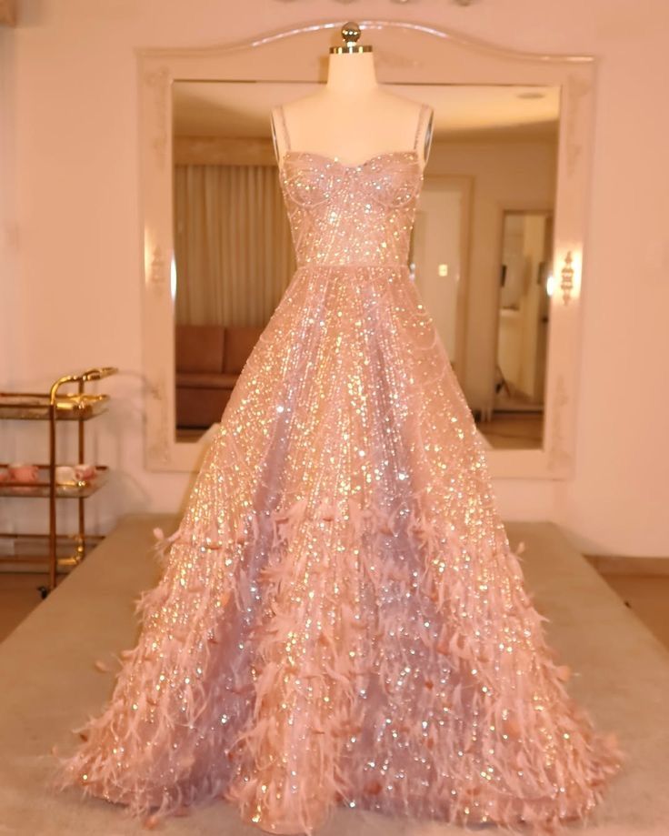 Sparkly Ball Gown Spaghetti Strap Pink Sequin Long Sleeveless Formal For Women Girls Teens Prom Dresses N2316