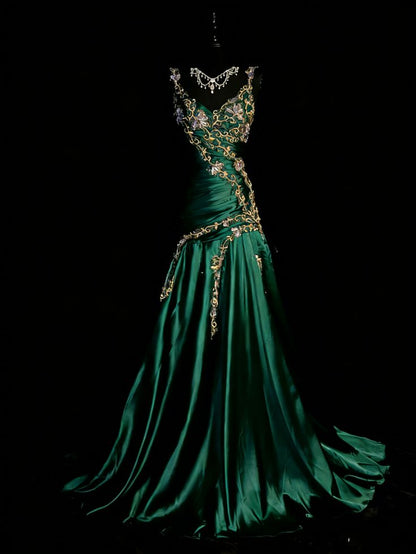 Chic Grape Dresses V-neck A-Line Long Prom Dresses Embroidery Satin Sleeveless Princess Formal Dress N776