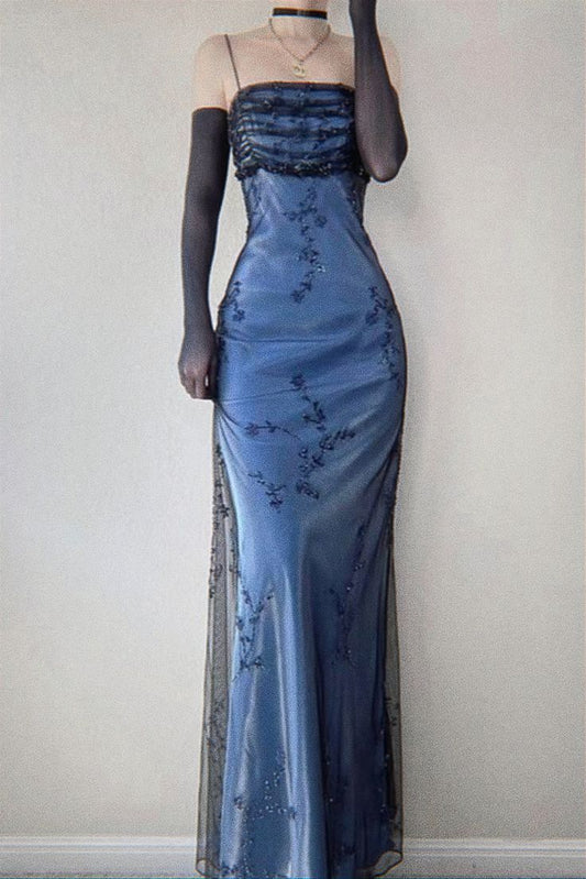Blue/Grey Delicate Beaded Long Tulle Elegant A line Evening Dress Formal Birthday Party Dress Prom Dresses N1696