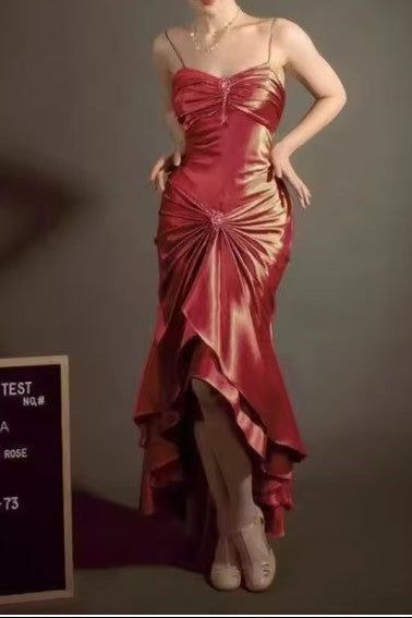 Elegant Spaghetti Strap Mermaid Satin Dark Green Long Prom Dress Gorgeous Evening Dress N1782