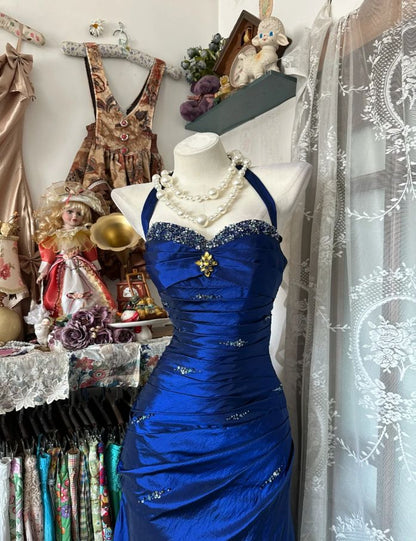 Vintage Halter Sheath Long Prom Dresses Beaded Satin Blue Evening Dresses Sleeveless Birthday Dress N1781