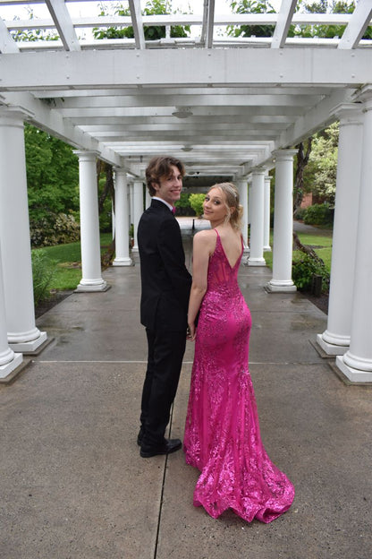 Glitter Mermaid Prom Dress Women Hot Pink Sequins Long Formal Dance Evening Party Gowns AB1716