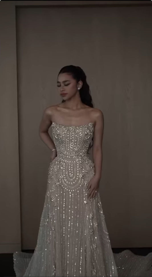 Elegant A line Strapless Champagne Sequin Sleeveless Formal For Women Girls Teens Prom Dresses N2315