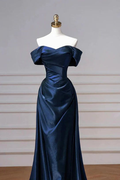 Navy Prom Dress Blue Off The Shoulder Formal Dress with Detachable Train N1853