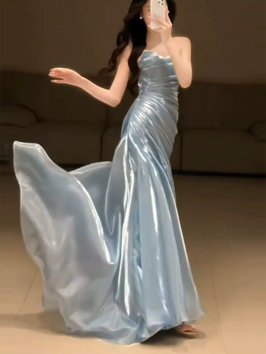 Glitter Mermaid Strapless Light Blue Sleeveless Prom Dresses Inspiration Long Night Outfits 18th Birthday Outfits AB2219