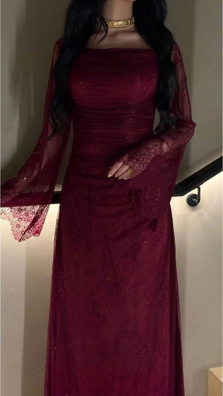 sparkle & shine burgundy allover lace ankle-length pleated sheath evening prom dresses AB1862