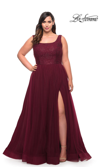 La Femme Long Lace-Bodice Plus-Size Prom Dress