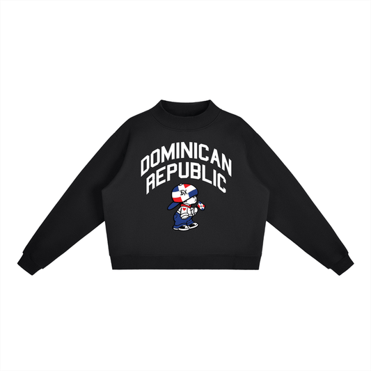 Black hoodie with Dominican Republic text and cartoon character holding flag