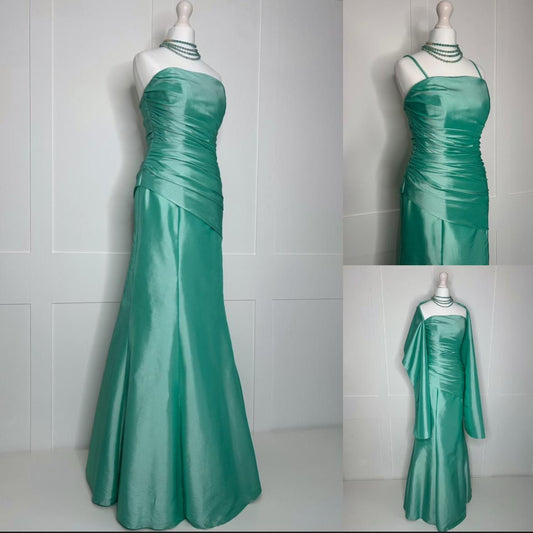 Modest Mermaid Straps Green Satin With Cape Sleeveless Long Formal Dress Gown 18th Birthday Prom Dresses N2418