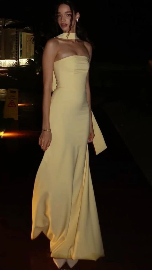 Classy Mermaid Strapless Slim Yellow With Scarf Long Formal Fancy Prom Evening Dresses Dinner Outfits Classy Party Gown AB2052