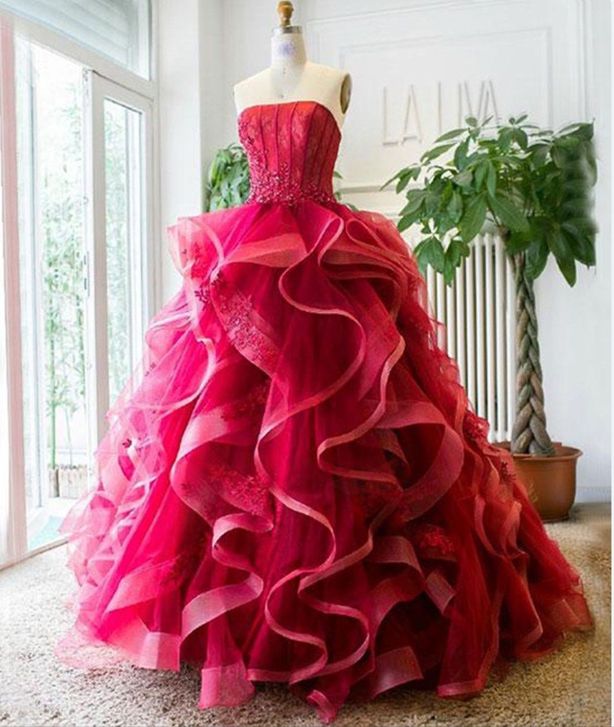 Classy Ball Gown Strapless Red Tulle Lace Inspo For Women Girls Formal Party Gowns Long Prom Dresses AB1817