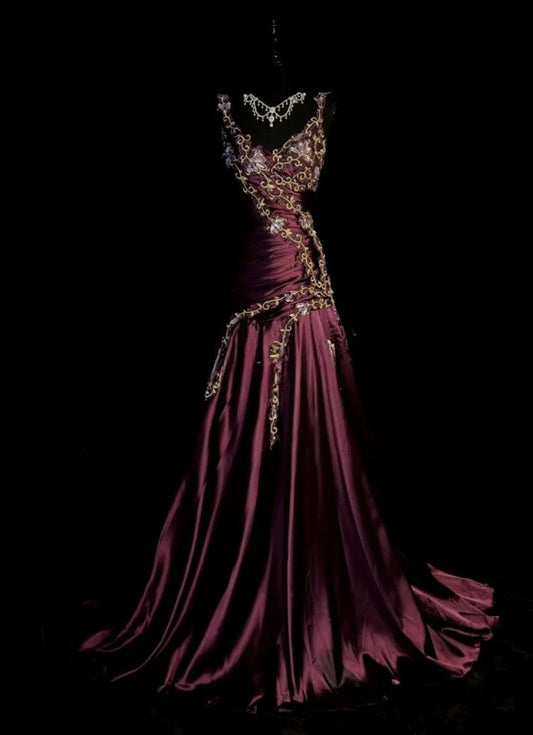 Chic Grape Dresses V-neck A-Line Long Prom Dresses Embroidery Satin Sleeveless Princess Formal Dress N776