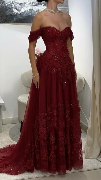 Off-Shoulder Appliques Tulle A-Line Corset Prom Dress N1506