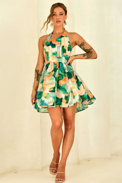Eden Bloom Halter Woven Mini Dress - Green Multi