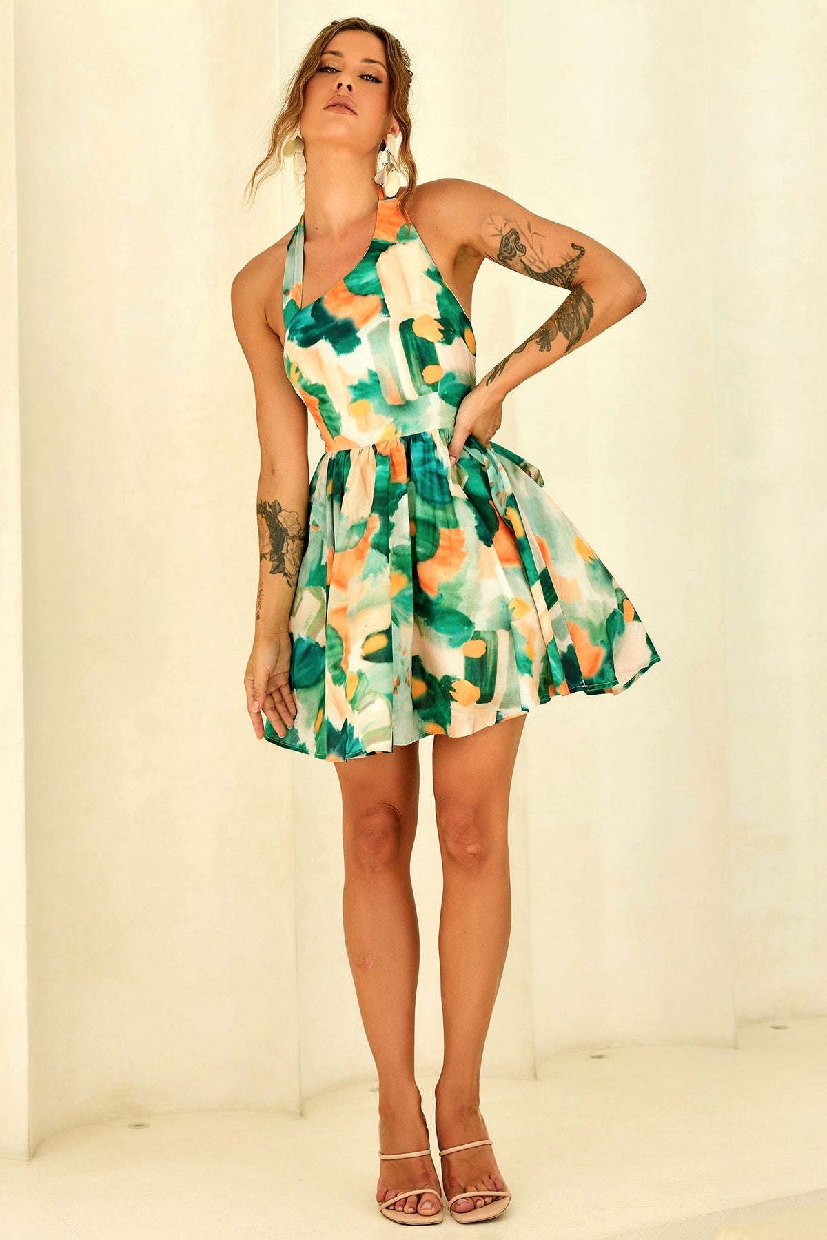 Eden Bloom Halter Woven Mini Dress - Green Multi