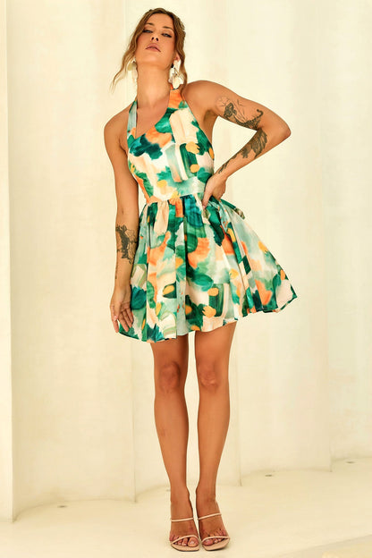 Eden Bloom Halter Woven Mini Dress - Green Multi