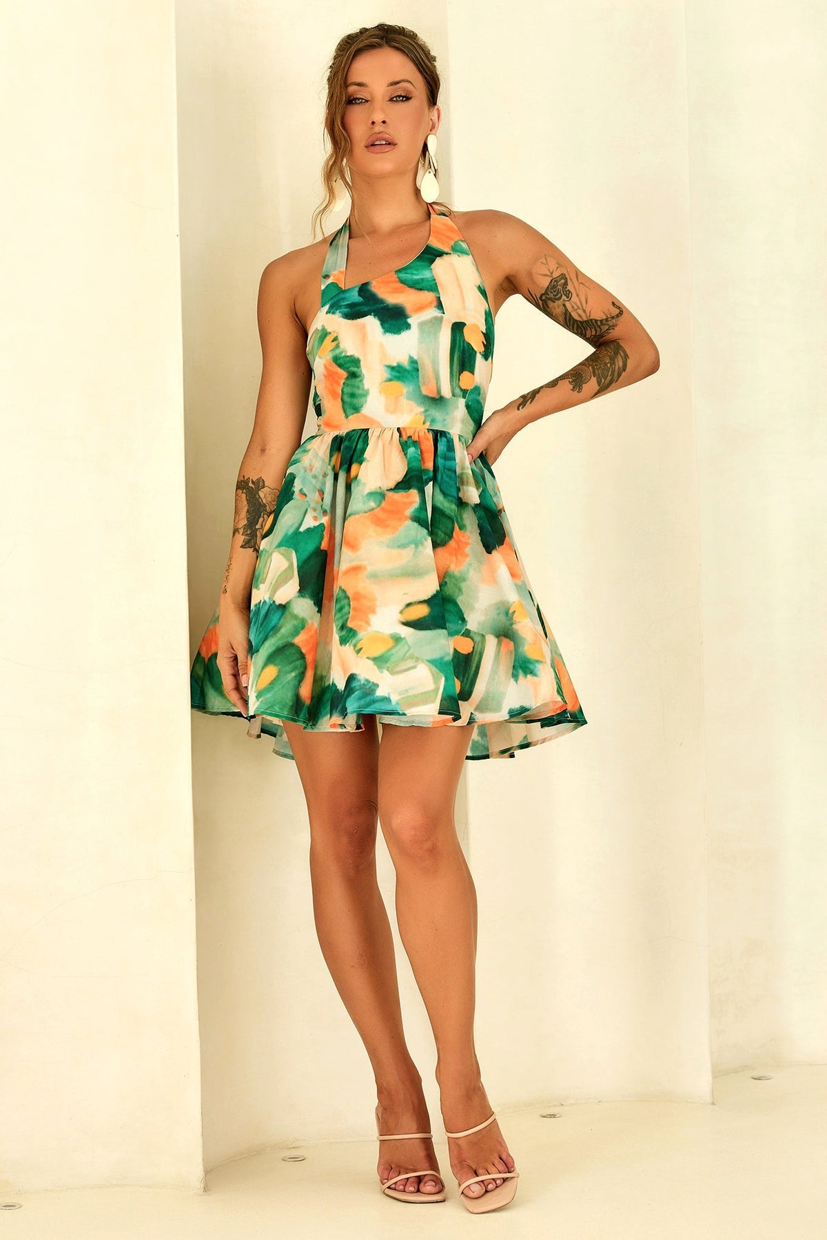 Eden Bloom Halter Woven Mini Dress - Green Multi