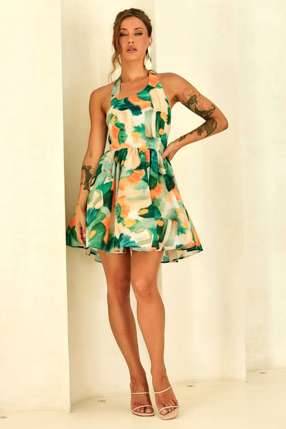 Eden Bloom Halter Woven Mini Dress - Green Multi